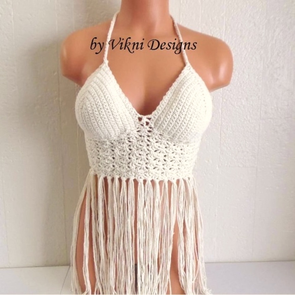 Fringe Halter Festival Crochet 70's Top by Vikni Designs Brand New